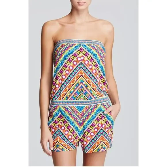 Trina Turk Peruvian Stripe Romper Swim Cover-Up Women’s S Strapless Tropical - Picture 9 of 9